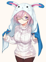 Rule 34 | 1girl, :&lt;, absurdres, alternate costume, animal ears, black-framed eyewear, blush, breasts, brown pantyhose, cape, closed mouth, cowboy shot, dress, eyes visible through hair, fake animal ears, fate/grand order, fate (series), fou (fate), glasses, hair over one eye, highres, large breasts, long sleeves, looking at viewer, mash kyrielight, pantyhose, pink hair, purple eyes, rabbit ears, semi-rimless eyewear, short hair, simple background, smile, solo, sweater, sweater dress, takehana note, thigh gap, turtleneck, turtleneck sweater, under-rim eyewear, white sweater, yellow background