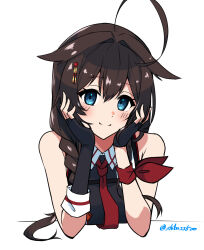 Rule 34 | 1girl, ahoge, black gloves, black hair, black shirt, blue eyes, braid, breast rest, breasts, fingerless gloves, gloves, hair flaps, hair over shoulder, hands on own face, highres, kantai collection, long hair, medium breasts, necktie, one-hour drawing challenge, red necktie, shiba (zudha), shigure (kancolle), shigure kai san (kancolle), shirt, single braid, sleeveless, sleeveless shirt, smile, solo, twitter username, two-tone shirt, upper body