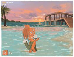 Rule 34 | 1girl, :d, beach, blue eyes, bracelet, chzzei, furry, furry female, gameplay mechanics, highres, jewelry, navel, ocean, open mouth, palm tree, skirt, smile, solo, sonic (series), sonic adventure, standing, sunset, tail, tiara, tikal the echidna, tree, wading, water