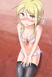 Rule 34 | 1girl, black thighhighs, blonde hair, blush, bra, breasts, check commentary, cleavage, commentary, commentary request, embarrassed, from above, hands on lap, highres, ichii yui, kneeling, looking up, on floor, open mouth, panties, short twintails, small breasts, socks, steam, sweat, thighhighs, tiles, twintails, underwear, yellow eyes, yuukin, yuyushiki