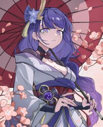 Rule 34 | 1girl, absurdres, blunt bangs, braid, branch, breasts, bridal gauntlets, cherry blossoms, cleavage, clenched teeth, collarbone, falling petals, flower, genshin impact, gradient background, hair ornament, highres, holding, holding umbrella, japanese clothes, kimono, long hair, low-braided long hair, low-tied long hair, medium breasts, mitsudomoe (shape), mole, mole under eye, multicolored eyes, obi, obiage, obijime, off shoulder, oil-paper umbrella, open mouth, parted bangs, parted lips, petals, pink background, purple eyes, purple flower, purple hair, purple kimono, purple nails, raiden shogun, sash, shockwhite3, solo, teeth, tomoe (symbol), umbrella, upper body