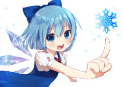 Rule 34 | blue dress, blue eyes, blue hair, blue ribbon, bow, cirno, dress, hair bow, ice, ice wings, kirisita, looking at viewer, open mouth, pointing, puffy short sleeves, puffy sleeves, ribbon, shirt, short hair, short sleeves, smile, snow, snowflakes, solo, touhou, white background, white shirt, wings
