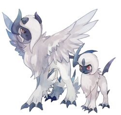 absol animal_focus bright_pupils claws closed_mouth commentary_request creatures_(company) game_freak gen_3_pokemon horns mega_absol mega_pokemon nintendo no_humans pokemon pokemon_(creature) red_eyes salt_(reincarnation) simple_background single_horn white_background white_hair white_pupils wings