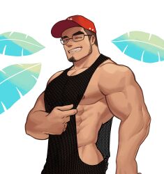 Rule 34 | 1boy, abs, absurdres, bara, baseball cap, eyebrow cut, facial hair, hat, helbai, highres, large pectorals, looking at viewer, male focus, muscular, muscular male, nipples, one eye closed, original, pectorals, see-through, sidepec, simple background, smile, solo, teeth, upper body