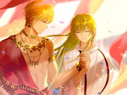 Rule 34 | enkidu (fate), fate (series), gilgamesh (fate), gold trim, highres, holding hands, jewelry, male focus, necklace, tagme