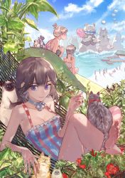 Rule 34 | 3girls, absurdres, animal, black hair, blue eyes, breasts, brown hair, cat, cleavage, closed mouth, collar, day, glasses, hammock, highres, jewelry, looking at viewer, low twintails, lying, medium breasts, medium hair, multiple girls, on back, one-piece swimsuit, original, outdoors, oversized animal, patyuno, ring, scenery, short hair, short twintails, sitting, smile, swimsuit, twintails, white hair