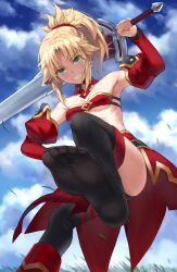 Rule 34 | 1girl, armpits, bandeau, bare shoulders, black thighhighs, blonde hair, blue sky, braid, breasts, clarent (fate), commentary request, detached collar, detached sleeves, fate/apocrypha, fate/grand order, fate (series), feet, foot focus, foot out of frame, french braid, green eyes, highres, holding, holding sword, holding weapon, long hair, looking at viewer, mordred (fate), mordred (fate/apocrypha), no shoes, parted bangs, ponytail, shoes, sidelocks, single shoe, single thighhigh, sky, small breasts, smile, soles, solo, sword, thighhighs, toenails, toes, tonee, weapon