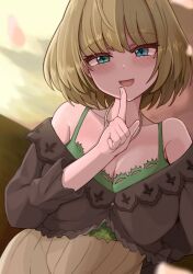 Rule 34 | 1girl, blush, bob cut, breasts, cleavage, collarbone, domidori, finger to mouth, green hair, heterochromia, highres, idolmaster, idolmaster cinderella girls, large breasts, looking at viewer, mole, mole under eye, off shoulder, ribbed skirt, smile, solo, takagaki kaede