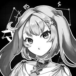 Rule 34 | 1girl, :o, cowlick, faruzan (genshin impact), genshin impact, greyscale, hair ornament, highres, light blush, long hair, looking at viewer, monochrome, naphele yun, no nose, outline, parted lips, portrait, screentones, simple background, solo, twintails, white outline, x hair ornament