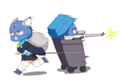 Rule 34 | 2girls, animal ear fluff, animal ears, black footwear, black jacket, black skirt, blue archive, blue eyes, blue necktie, blue scarf, closed mouth, extra ears, grey hair, gun, highres, holding, holding gun, holding sack, holding weapon, in trash can, jacket, long sleeves, miyu (blue archive), multiple girls, necktie, open clothes, open jacket, pleated skirt, red eyes, sack, scarf, shiroko (blue archive), shoes, simple background, skirt, socks, stryx, trash can, weapon, white background, white socks, wolf ears