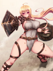 Rule 34 | 1girl, absurdres, ahoge, akina t, armor, asymmetrical armor, bare hips, belt, blonde hair, breasts, closed mouth, commentary request, copyright request, covered erect nipples, fantasy, fighting stance, furrowed brow, gladiator sandals, glint, gluteal fold, gold trim, half-closed eyes, high belt, highres, holding, holding shield, holding sword, holding weapon, jewelry, large breasts, long hair, looking at viewer, neck ring, outstretched arm, red eyes, revealing clothes, sandals, serious, shield, sideboob, solo, sword, too many, too many belts, v-shaped eyebrows, very long hair, weapon, wind, wind lift, wooden shield