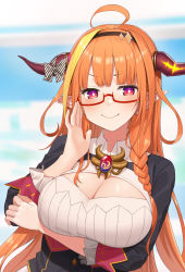Rule 34 | 1girl, absurdres, ahoge, blonde hair, blunt bangs, blurry, blurry background, bow, braid, breasts, cleavage, collared shirt, commentary request, depth of field, dragon horns, glasses, hairband, head tilt, highres, hololive, horn bow, horn ornament, horns, inq, kiryu coco, kiryu coco (1st costume), large breasts, long hair, looking at viewer, multicolored eyes, multicolored hair, orange hair, pink eyes, pointy ears, purple eyes, semi-rimless eyewear, shirt, single braid, solo, streaked hair, striped, striped bow, under-rim eyewear, upper body, v-shaped eyebrows, very long hair, virtual youtuber, wing collar