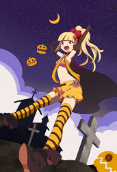 Rule 34 | 1girl, armpits, arms up, bad id, bad pixiv id, blonde hair, cape, crescent moon, cross, harano, heart, jack-o&#039;-lantern, long hair, moon, open mouth, original, smile, solo, striped clothes, striped thighhighs, thighhighs