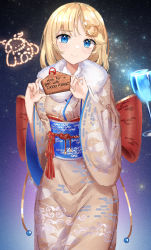 Rule 34 | 1girl, absurdres, blonde hair, blue eyes, blush, brown kimono, bubba (watson amelia), closed mouth, commentary, dayshiart, english commentary, fur collar, glass, hair ornament, hands up, highres, holding, hololive, hololive english, japanese clothes, kimono, long sleeves, looking at viewer, medium hair, night, night sky, obi, outdoors, print kimono, sash, sky, smile, solo, standing, star (sky), starry sky, virtual youtuber, watson amelia, wide sleeves, yukata
