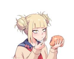 Rule 34 | 1girl, :q, blonde hair, blunt bangs, boku no hero academia, brown shirt, cannibalism, castration, commentary, double bun, drawfag, eating, english commentary, guro, hair bun, hands up, hime cut, holding, jewelry, looking up, messy hair, neckerchief, necklace, peony  z, pout, red neckerchief, sanpaku, school uniform, serafuku, shirt, short hair, simple background, solo, testicles, toga himiko, tongue, tongue out, tsurime, upper body, veins, white background, yellow eyes