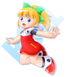 Rule 34 | 1girl, alcyone (cyclone gx), artist name, blonde hair, blue eyes, blunt bangs, bow, character name, child, dress, flat chest, full body, green bow, mega man (classic), mega man (series), ponytail, red dress, roll (mega man), short sleeves, solo, white background