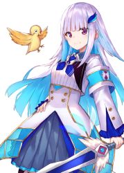 Rule 34 | 1girl, absurdres, animal, bird, blue hair, blue neckwear, blue skirt, blush, breasts, closed mouth, commentary request, frilled skirt, frills, hair ornament, highres, holding, holding sword, holding weapon, jacket, lize helesta, long hair, long sleeves, looking at viewer, monocle, multicolored hair, nijisanji, pleated skirt, purple eyes, sebastian piyodore, silver hair, simple background, skirt, small breasts, smile, sword, two-tone hair, very long hair, virtual youtuber, weapon, white background, white jacket, wide sleeves, yuuki nao (pixiv10696483)