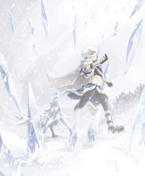 Rule 34 | 1boy, abs, armored boots, black gloves, black shirt, blue cape, blue jacket, boots, brown pants, cape, clenched teeth, commentary request, crop top, fingerless gloves, full body, fur-trimmed cape, fur-trimmed jacket, fur trim, gloves, hatii (ragnarok online), ice, icicle, jacket, natsuya (kuttuki), open clothes, open jacket, pants, ragnarok online, running, shirt, short hair, short sleeves, snow, snowing, stalker (ragnarok online), teeth, vambraces, waist cape, white hair