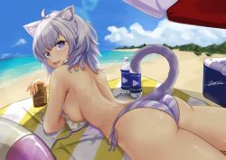 Rule 34 | 1girl, absurdres, ahoge, animal ear fluff, animal ears, ass, beach, beach umbrella, bikini, blush, breasts, cat ears, cat girl, cat tail, fang, from behind, hair between eyes, highres, hololive, large breasts, looking at viewer, looking back, lotion, lying, nekomata okayu, ocean, on stomach, open mouth, purple bikini, purple eyes, purple hair, shade, short hair, side-tie bikini bottom, sideboob, smile, solo, striped bikini, striped clothes, sunscreen, swimsuit, tail, thighs, umbrella, virtual youtuber, zeiss