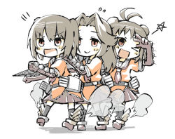 Rule 34 | &gt;:d, 10s, 3girls, :&gt;, :d, ahoge, aircraft catapult, belt, brown hair, double bun, elbow gloves, gloves, jintsuu (kancolle), kantai collection, konno akikaze, lineup, long hair, machinery, multiple girls, naka (kancolle), neckerchief, one eye closed, open mouth, orange eyes, pleated skirt, sendai (kancolle), short hair, skirt, smile, smoke, star (symbol), torihamu, twintails, two side up, v-shaped eyebrows, w, w over eye, white background