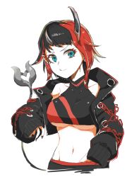 Rule 34 | 1girl, black hair, black jacket, black nails, black sports bra, blue eyes, breasts, chain, closed mouth, commentary request, cropped jacket, demon girl, demon horns, demon tail, dutch angle, horns, jacket, large breasts, looking at viewer, midriff, multicolored hair, nail polish, nanashi inc., navel, open clothes, open jacket, pointy ears, red hair, red sports bra, ryugasaki rene, ryugasaki rene (1st costume), same (samerasiki), short hair, simple background, sleeves past wrists, smile, solo, sports bra, sugar lyric, tail, two-tone hair, underboob, virtual youtuber, white background, zipper