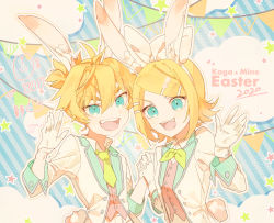 Rule 34 | 1boy, 1girl, 2020, animal ears, blonde hair, blue eyes, bow, brother and sister, character name, cloud, commentary, easter, formal, gloves, hair bow, hand up, highres, holding hands, jacket, kagamine len, kagamine rin, looking at viewer, neckerchief, necktie, open mouth, rabbit, rabbit ears, red vest, short hair, short ponytail, siblings, smile, spiked hair, star (symbol), string of flags, striped, striped background, suit, suit jacket, swept bangs, twins, upper body, v-shaped eyebrows, vest, vocaloid, waving, white bow, white gloves, white jacket, yamada ichi, yellow neckerchief