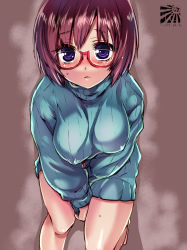 Rule 34 | 1girl, between legs, blush, breasts, brown hair, covered erect nipples, glasses, impossible clothes, large breasts, leaning forward, looking at viewer, no pants, open mouth, original, purple eyes, red-framed eyewear, ribbed sweater, short hair, solo, sweatdrop, sweater, tokita monta, turtleneck, v arms