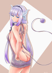 Rule 34 | 10s, 1girl, absurdres, aged up, alternate breast size, arm at side, ass, back, backless dress, backless outfit, bad id, bad pixiv id, bare back, bare shoulders, beads, black bow, black hairband, blue eyes, blunt bangs, blush, bow, breasts, butt crack, cowboy shot, dimples of venus, dragon girl, dragon horns, drawstring, dress, female focus, fingernails, from behind, gradient hair, hair beads, hair bow, hair ornament, hairband, halterneck, highres, horns, jitome, kanna kamui, kobayashi-san chi no maidragon, light purple hair, long fingernails, long hair, looking at viewer, looking back, low twintails, medium breasts, meme attire, multicolored hair, naked sweater, natu sksp, no bra, no panties, open mouth, purple dress, purple hair, purple sweater, ribbed sweater, sideboob, sleeveless, sleeveless turtleneck, solo, standing, sweater, sweater dress, tail, turtleneck, turtleneck sweater, twintails, twitter username, very long hair, virgin killer sweater, white hair
