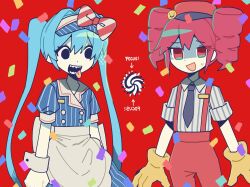Rule 34 | 2girls, apron, arrow (symbol), black eyes, black necktie, blue dress, blue hat, buttons, collared dress, collared shirt, commentary, confetti, crazy, dress, drill hair, empty eyes, english commentary, english text, gloves, hair between eyes, hair intakes, hat, hatsune miku, highres, kasane teto, kokum0tsu, long hair, looking at another, looking at viewer, medium hair, mesmerizer (vocaloid), multiple girls, necktie, open mouth, pants, pinstripe dress, pinstripe hat, pinstripe pattern, puffy short sleeves, puffy sleeves, red background, red eyes, red hat, red pants, red suspenders, shaded face, sharp teeth, shirt, short sleeves, sidelocks, simple background, spiral, striped clothes, striped dress, striped headwear, striped shirt, sweat, sweatdrop, synthesizer v, teeth, tongue, tongue out, twin drills, twintails, utau, vertical-striped clothes, vertical-striped dress, vertical-striped headwear, vertical-striped shirt, very long hair, visor cap, vocaloid, white shirt, white wrist cuffs, wrist cuffs, yellow gloves