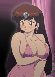 Rule 34 | 1girl, arm under breasts, bare shoulders, blush, breasts, brown hair, cleavage, commentary request, dress, earrings, hair ornament, highres, indoors, jewelry, kuonji ukyou, large breasts, long hair, mage (harumagedon), necklace, official alternate costume, pearl necklace, pink dress, plunging neckline, ranma 1/2, solo