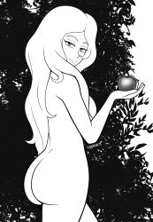 1girl apple ass breasts deadmann_artworks dimples_of_venus eve_(mythology) food fruit greyscale highres holding holding_food holding_fruit long_hair looking_at_viewer looking_back monochrome nude plant smile tagme the_bible