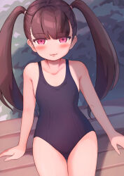 Rule 34 | 1girl, arms at sides, bare shoulders, black hair, blush, hair tie, kai ooo1, long hair, looking at viewer, one-piece swimsuit, original, pink hair, school swimsuit, sitting, solo, swimsuit, thigh gap, twintails