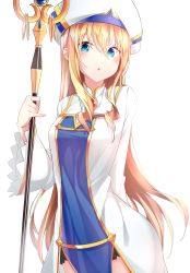 Rule 34 | 1girl, :o, absurdres, arm behind back, blonde hair, blue eyes, blush, breasts, commentary request, cowboy shot, dress, goblin slayer!, hair between eyes, hat, highres, holding, holding weapon, long hair, long sleeves, looking at viewer, multicolored clothes, multicolored hat, priestess (goblin slayer!), rirua (kjom802), small breasts, solo, staff, weapon, wide sleeves