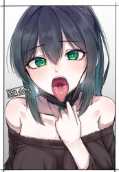 Rule 34 | 1girl, bare shoulders, black hair, breasts, collarbone, green eyes, hiruno, large breasts, light blush, mask, mask pull, mole, mole on breast, mouth mask, open mouth, original, piercing, sidelocks, solo, tongue, tongue out, tongue piercing, yuina (hiruno)