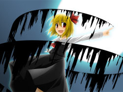 Rule 34 | 1girl, blonde hair, darkness, embodiment of scarlet devil, female focus, hair ribbon, necktie, open mouth, outdoors, outstretched arms, red eyes, ribbon, rumia, short hair, sky, solo, spread arms, touhou