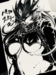 Rule 34 | 1girl, absurdres, beelstarmon, breasts, character name, commentary request, crop top, cropped vest, digimon, digimon (creature), eye mask, highres, jacket, koutei teki, large breasts, leather, leather jacket, long hair, looking at viewer, mask, monochrome, navel, open clothes, open jacket, photo (medium), puckered lips, sidelocks, sketch, stomach, third eye, traditional media, translation request, underboob, vest, zipper