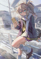 Rule 34 | 1girl, absurdres, bag, blue eyes, blue nails, brown hair, cardigan, commentary request, duffel bag, earmuffs, hair between eyes, hand on railing, highres, holding, holding phone, house, jacket, kasukabe tsumugi, kyo mizusawa, leg up, long hair, looking at viewer, loose socks, miniskirt, nail polish, necktie, on railing, one side up, outdoors, parted lips, phone, plaid, plaid skirt, pleated skirt, power lines, railing, scarf, sidelocks, sitting, skirt, socks, solo, voicevox, winter