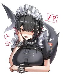 Rule 34 | 1girl, black dress, black hair, breasts, commentary request, dress, ellen joe, fins, fish tail, hair ornament, head rest, highres, horn/wood, large breasts, maid, maid headdress, mole, mole under eye, open mouth, partially shaded face, puffy short sleeves, puffy sleeves, red eyes, sharp teeth, short sleeves, simple background, solo, speech bubble, tail, teeth, upper body, white background, white headdress, zenless zone zero