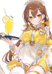 Rule 34 | 1girl, apron, breasts, brown hair, closed mouth, commentary, cup, dress, drink, drinking glass, drinking straw, earrings, food, food-themed earrings, food themed earrings, frilled apron, frills, fruit, hair ornament, hairclip, heterochromia, holding, holding tray, jewelry, lemon, lemon earrings, lemon slice, long hair, maid, maid apron, maid headdress, medium breasts, neck ribbon, orange eyes, orange ribbon, original, ribbon, sakurato remi, simple background, solo, symbol-only commentary, tray, twintails, white background, wrist cuffs, yellow dress, yellow eyes
