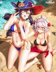 Rule 34 | 2girls, absurdres, bare legs, barefoot, beach, bikini, black bikini, black hair, blue bikini, blush, breasts, copyright name, flower, genshin impact, green eyes, grey eyes, grey hair, hair flower, hair ornament, hand on another&#039;s ass, hands up, hat, highres, kellzallday, large breasts, long hair, medium breasts, mona (genshin impact), multiple girls, navel, noelle (genshin impact), open mouth, red flower, red rose, rose, sand, short hair, signature, smile, swimsuit, water, witch hat, yuri