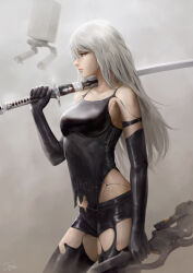 Rule 34 | 1girl, a2 (nier:automata), android, armlet, bare shoulders, black gloves, black shorts, black tank top, black thighhighs, blue eyes, breasts, cheesewoo, collarbone, cowboy shot, elbow gloves, from side, gloves, highres, holding, holding sword, holding weapon, joints, long hair, nier:automata, nier (series), robot joints, shorts, solo, sword, tank top, thighhighs, thighs, weapon, white hair