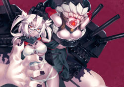 Rule 34 | 10s, 2girls, abyssal ship, battleship princess, breasts, brown hair, budget sarashi, cannon, covering face, dark persona, dark skin, dark-skinned female, glasses, hair between eyes, horns, kantai collection, kutori pan&#039;ya, large breasts, long hair, multiple girls, musashi (kancolle), navel, open mouth, personification, red eyes, sarashi, short hair, smile, turret, twintails, two side up, white hair, yamato (kancolle)