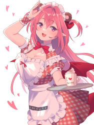 Rule 34 | 1girl, animal ears, apron, arm up, bear ears, blush, borrowed character, bow, breasts, cleavage, clothes writing, collared shirt, commentary request, cream, cup, curled horns, frilled apron, frilled shirt collar, frills, gucchiann, hair between eyes, hair intakes, heart, highres, holding, holding tray, horns, long hair, looking at viewer, low wings, maid headdress, medium breasts, original, pink hair, plaid, plaid shirt, plaid skirt, pointy ears, puffy short sleeves, puffy sleeves, purple eyes, red bow, red wings, romaji text, shirt, short sleeves, simple background, skirt, solo, tray, two side up, very long hair, waitress, white apron, white background, wings, wrist cuffs