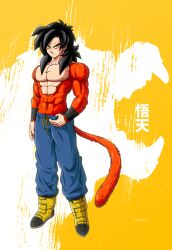 Rule 34 | 1boy, absurdres, aged up, armlet, armored boots, basaku-da, black hair, boots, character name, commentary, dragon ball, dragon ball gt, english commentary, full body, hand on own hip, highres, male focus, monkey tail, muscular, pants, red fur, red tail, serious, solo, son goten, standing, tail, topless, topless male, yellow background, yellow eyes