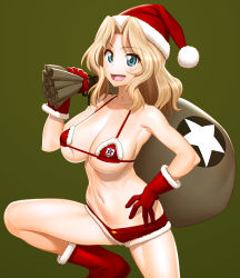 Rule 34 | 1girl, bikini, bikini top only, blonde hair, blue eyes, breasts, carrying over shoulder, christmas, commentary, emblem, foot up, fur-trimmed bikini, fur-trimmed gloves, fur trim, girls und panzer, gloves, green background, hair intakes, hand on own hip, hat, holding, holding sack, kay (girls und panzer), large breasts, leg up, long hair, looking at viewer, micro bikini, minazuki juuzou, navel, open mouth, parted bangs, red bikini, red gloves, red hat, sack, santa bikini, santa hat, saunders (emblem), short shorts, shorts, simple background, smile, solo, standing, star (symbol), swimsuit