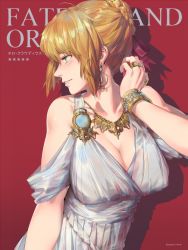 Rule 34 | 1girl, ahoge, artist name, bangle, bare shoulders, blonde hair, blush, bracelet, braid, braided bun, breasts, character name, cleavage, collarbone, crown braid, dress, earrings, fate/grand order, fate (series), green eyes, hair bun, hair ribbon, hair up, highres, jewelry, large breasts, long hair, looking back, miv4t, multiple rings, necklace, nero claudius (fate), nero claudius (fate) (all), nero claudius (fate/extra), official alternate costume, parted lips, red background, ribbon, ring, sidelocks, simple background, smile, solo, white dress