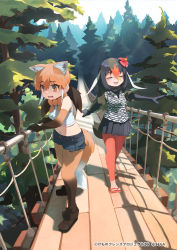 Rule 34 | 2girls, animal ears, bare shoulders, blonde hair, bow, bowtie, brown eyes, brown hair, closed eyes, copyright notice, cropped shirt, cutoffs, day, elbow gloves, flower, forest, gloves, grey hair, hair between eyes, hair flower, hair ornament, hanging bridge, kemono friends, leggings, light brown hair, long hair, maned wolf (kemono friends), midriff, multicolored hair, multiple girls, nature, navel, official art, okinawa rail (kemono friends), open mouth, outdoors, pantyhose, pantyhose under shorts, red hair, rope bridge, saltlaver, sandals, scared, shirt, shoes, short shorts, short sleeves, shorts, skirt, sleeveless, sleeveless shirt, smile, standing, stomach, tail, tearing up, tree, twintails, vest, walking, white hair, wolf ears, wolf tail, wooden bridge