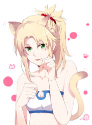 Rule 34 | :p, abs, animal ear fluff, animal ears, bandeau, bare shoulders, blonde hair, blush, braid, breasts, cat ears, cat tail, cleavage, fate/apocrypha, fate (series), french braid, gemi 25, green eyes, highres, kemonomimi mode, mordred (fate), mordred (fate/apocrypha), mordred (memories at trifas) (fate), paw pose, paw print, small breasts, solo, strapless, tail, tongue, tongue out, tube top, upper body, white background