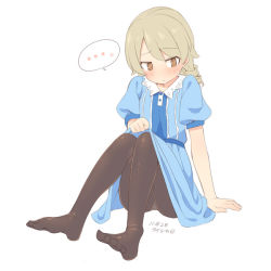 Rule 34 | ..., 1girl, bad id, bad pixiv id, black pantyhose, blue dress, blush, brown eyes, closed mouth, clothes lift, collared dress, dress, dress lift, full body, idolmaster, idolmaster cinderella girls, knees up, lifting own clothes, light brown hair, long hair, morikubo nono, no shoes, pantyhose, puffy short sleeves, puffy sleeves, ringlets, short sleeves, simple background, sitting, solo, spoken ellipsis, translation request, uccow, white background