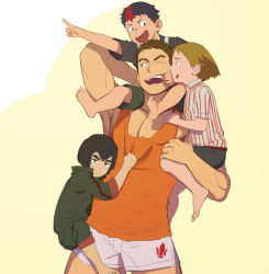 Rule 34 | 4boys, black eyes, black hair, brown hair, carrying, clinging, clothes pull, commentary request, copyright request, frown, gundam, gundam tekketsu no orphans, itto (mentaiko), large pectorals, looking at another, looking at viewer, male focus, multiple boys, norba shino, on shoulder, open mouth, pectoral cleavage, pectorals, piggyback, pointing, pointing forward, shirt, shirt pull, shorts, sleeveless, sleeveless shirt, smile, thighs, uniform